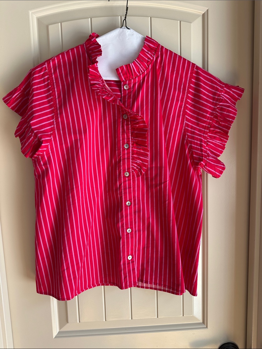 Entro ' Pink Striped Ruffle Button-Front Top